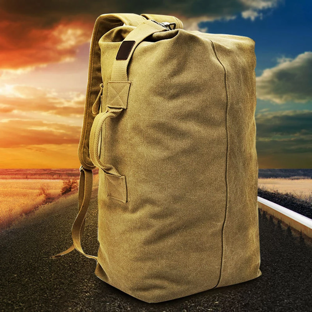 Outdoor lifestyle image showing the rugged Canvas Duffel Bag for military, hiking, and travel use. Ideal for wholesalers seeking durable high-capacity bags.