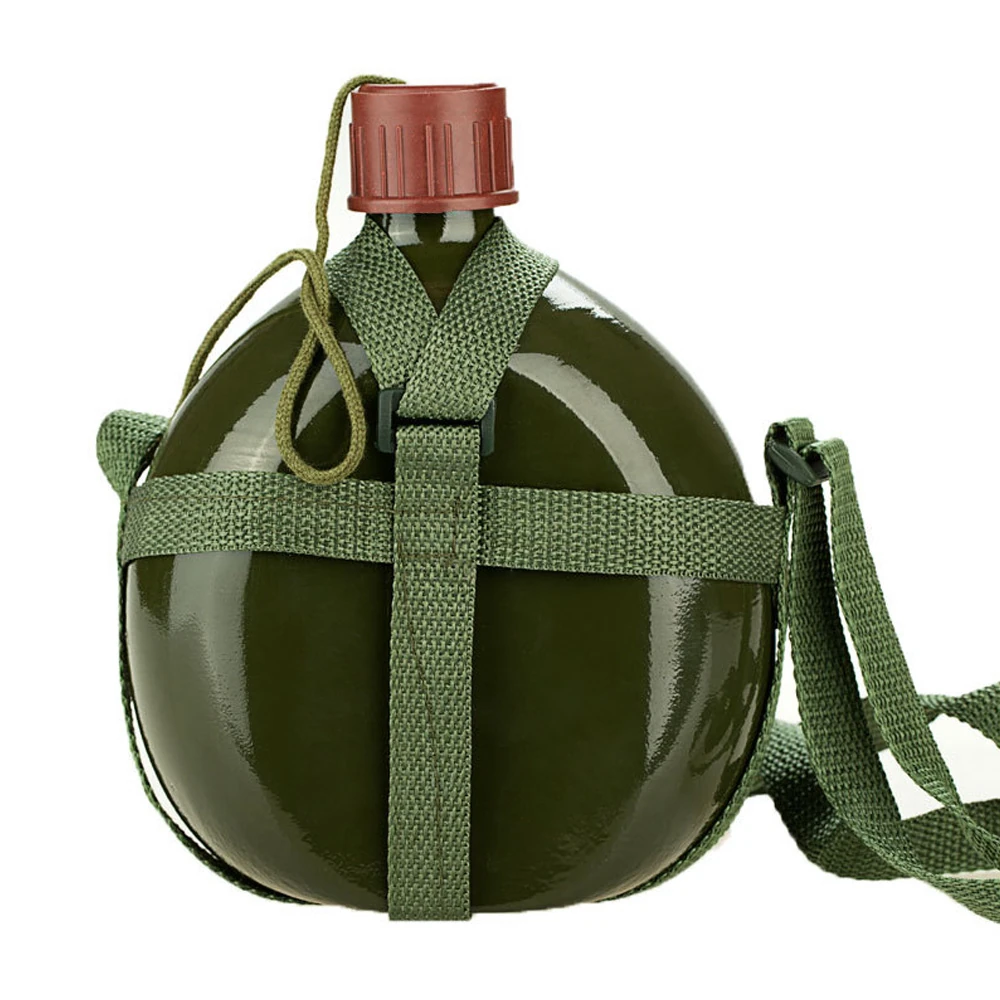 Front view of a military water bottle with reinforced carry strap, designed for outdoor, tactical, and field use.