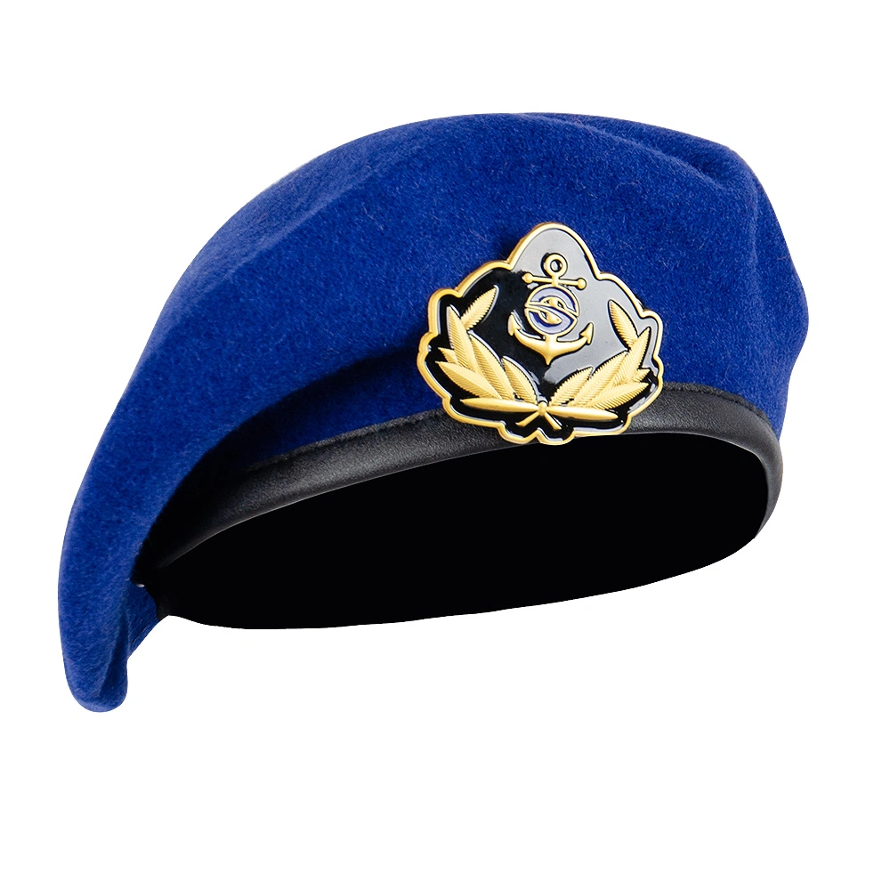 Blue wool military beret featuring a durable metal badge, designed for army, police, and special forces units.