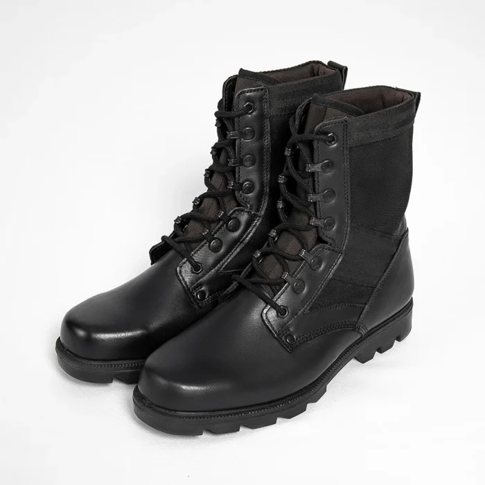 Front view of black leather military boots with high ankle support and secure lace-up closure, suitable for law enforcement and military use.