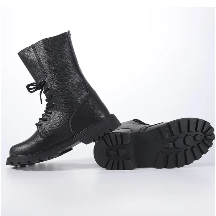 Side view of leather combat boots with thick outsole and full-grain leather upper for maximum durability and grip.