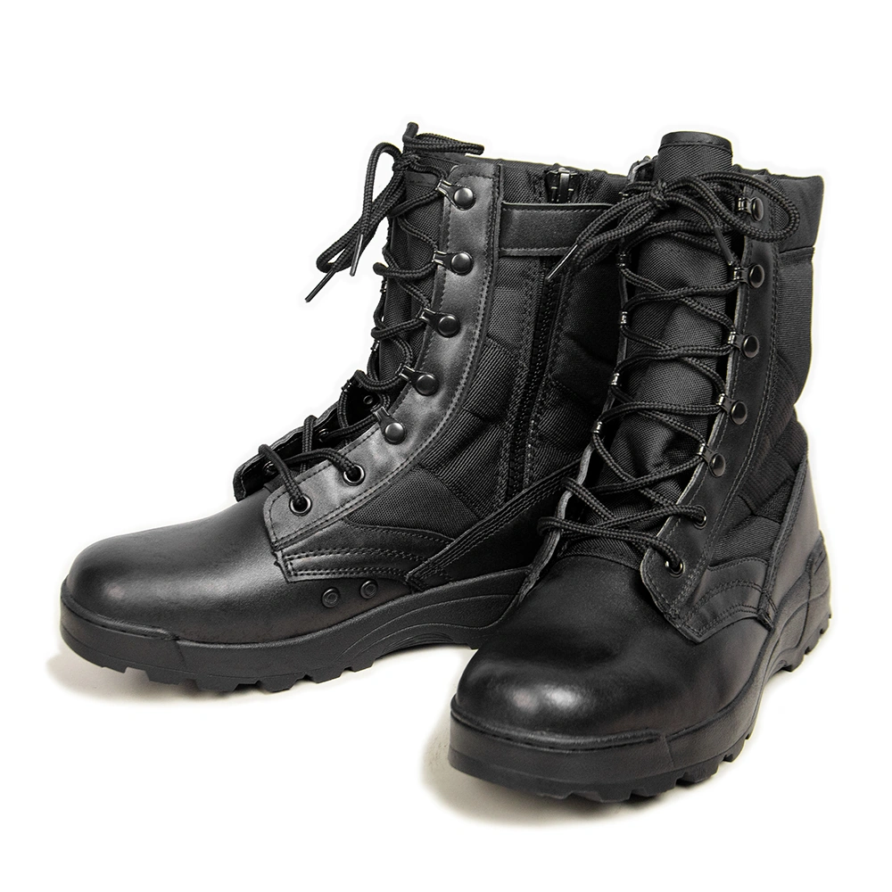 Pair of black leather combat boots with durable construction, lace-up front, and padded ankle collar for comfort during military training.