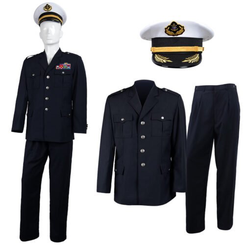 Full set of security guard uniform including jacket, trousers, and officer cap, showcasing a complete professional outfit for law enforcement and security teams.