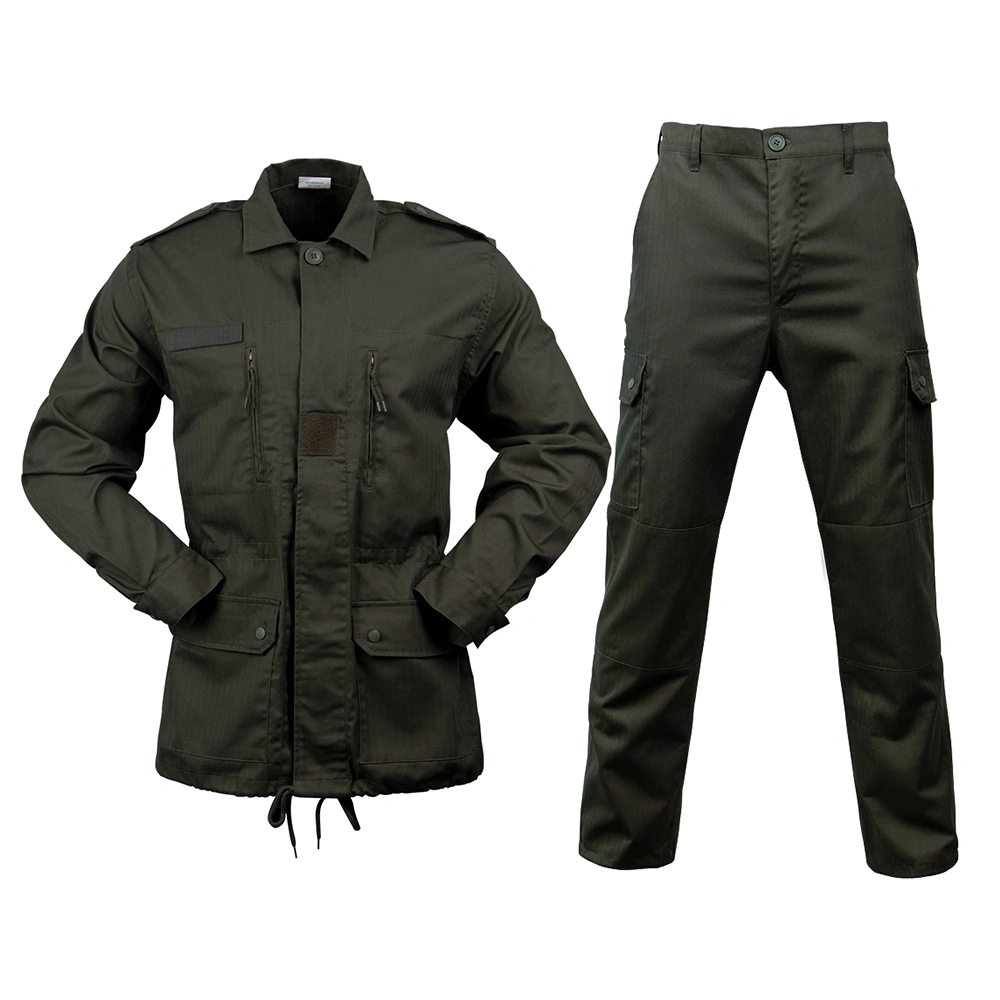 Front view of tactical apparel in dark green ripstop fabric, including long-sleeve jacket and pants for durability and protection.