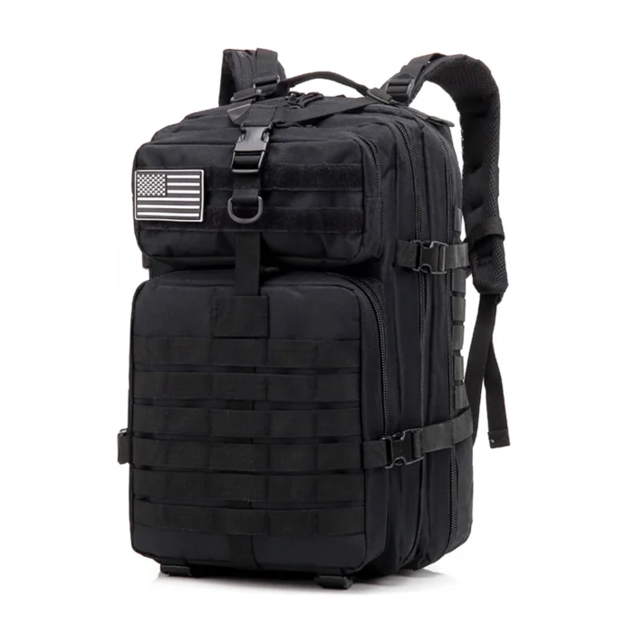 Durable black tactical backpack with MOLLE system, front admin pocket, and reinforced buckle strap for outdoor, military, and law-enforcement use.