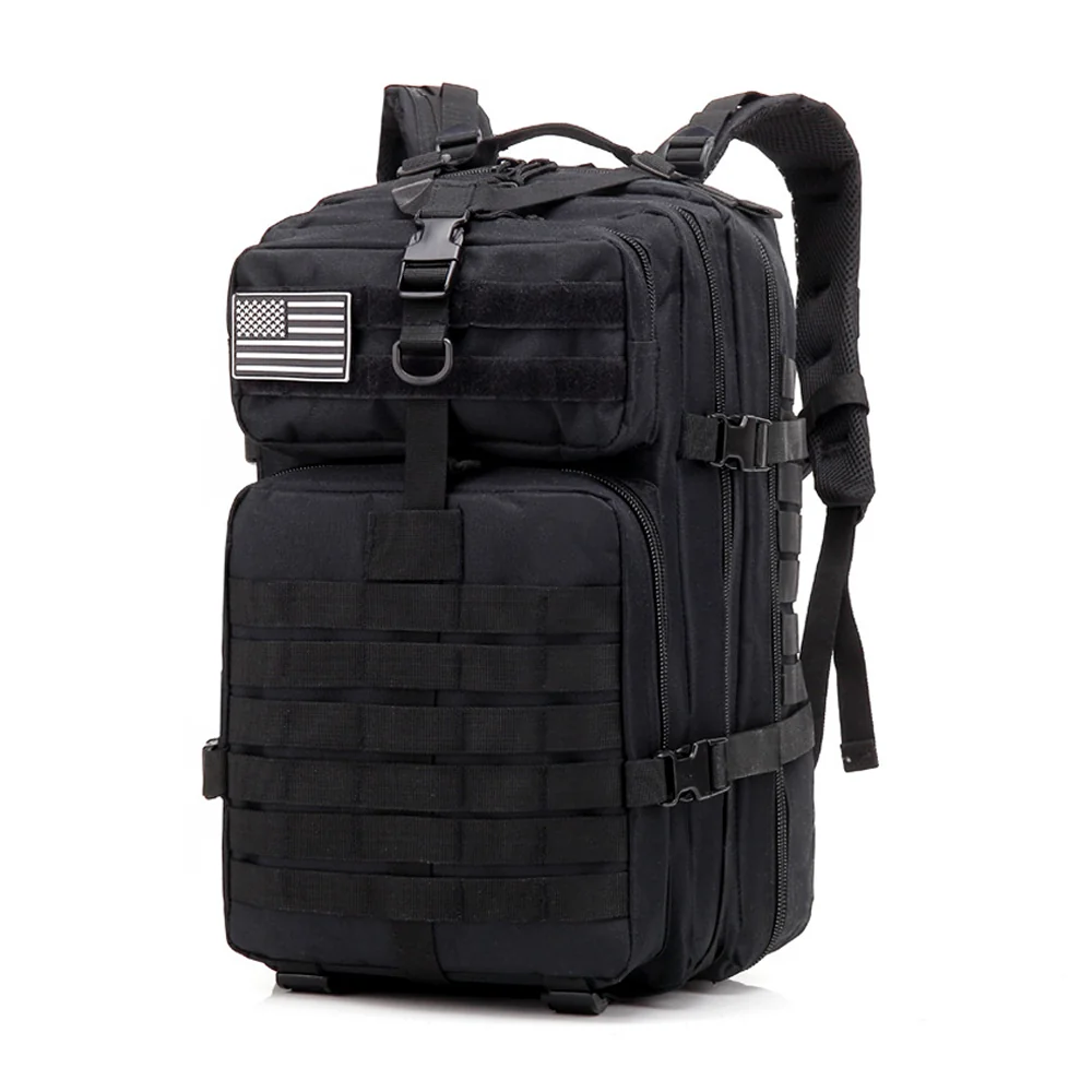 Durable black tactical backpack with MOLLE system, front admin pocket, and reinforced buckle strap for outdoor, military, and law-enforcement use.