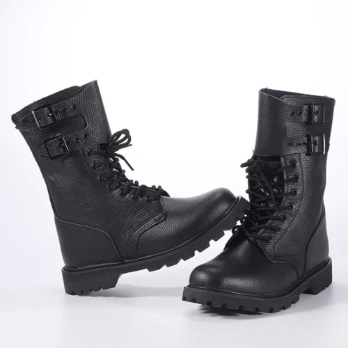 Black leather combat boots with rugged sole and lace-up design, ideal for military, police, or outdoor tactical use.