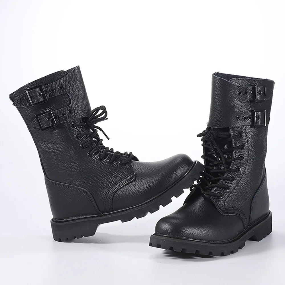 Black leather combat boots with rugged sole and lace-up design, ideal for military, police, or outdoor tactical use.