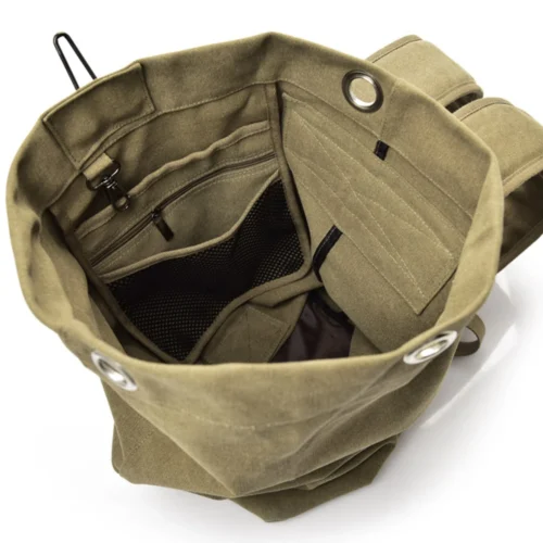 Detailed view of the Canvas Duffel Bag interior featuring mesh pockets and secure compartments. Suitable for tactical gear storage and bulk customization.