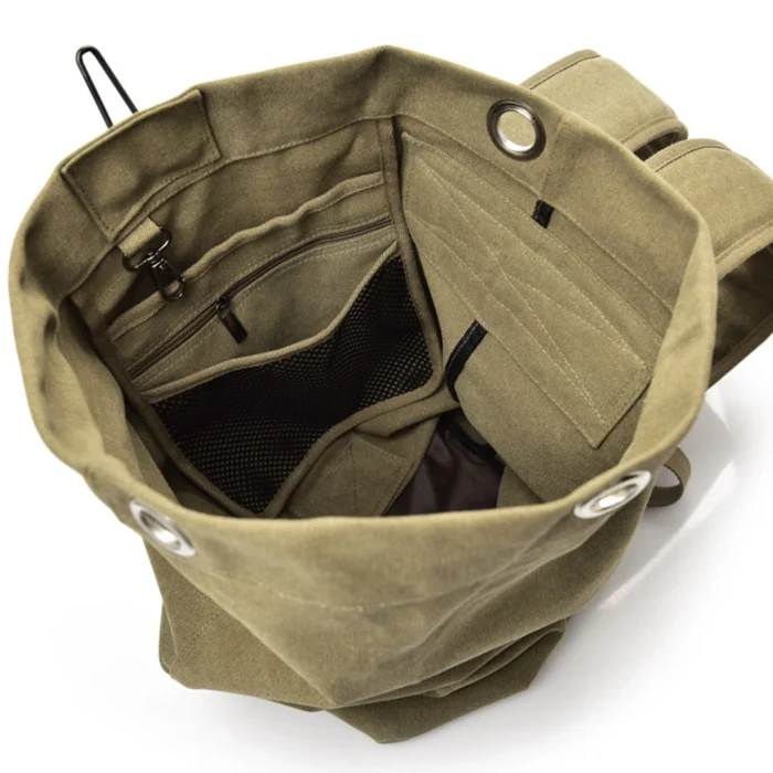 Detailed view of the Canvas Duffel Bag interior featuring mesh pockets and secure compartments. Suitable for tactical gear storage and bulk customization.