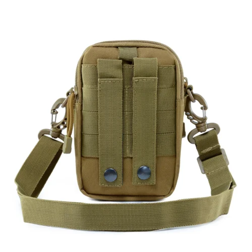 Back view of a tactical waist bag featuring MOLLE webbing, snap-button straps, and detachable shoulder strap for flexible carrying options.