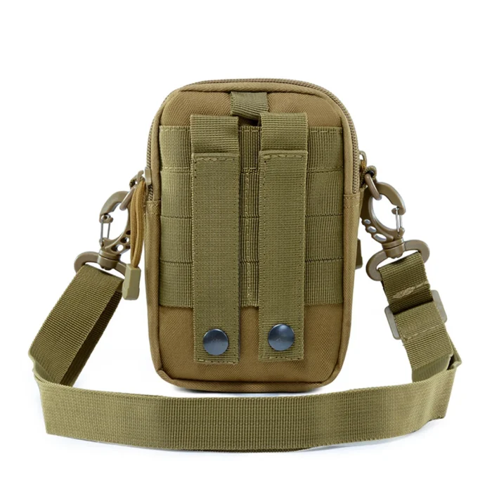 Back view of a tactical waist bag featuring MOLLE webbing, snap-button straps, and detachable shoulder strap for flexible carrying options.