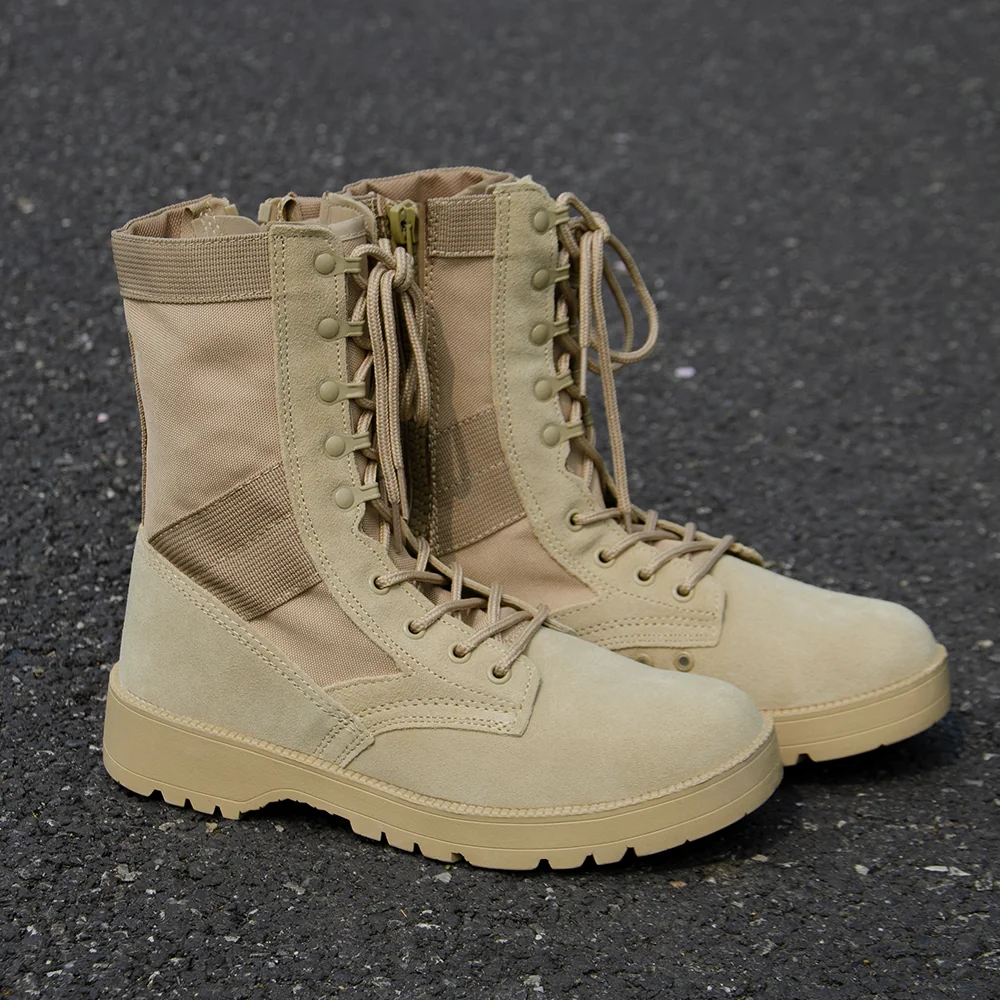 Pair of army combat boots on asphalt surface, highlighting rugged sole design and reinforced upper suitable for field training.