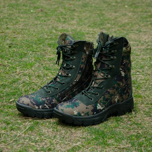 Pair of camouflage army combat boots featuring a durable sole and breathable nylon upper, ideal for soldiers and outdoor training.