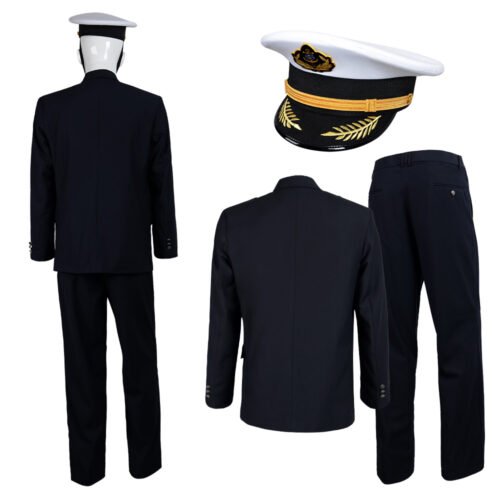 Rear view of a complete security guard uniform set featuring jacket back design, trousers, and officer cap, ideal for OEM customization and bulk supply.