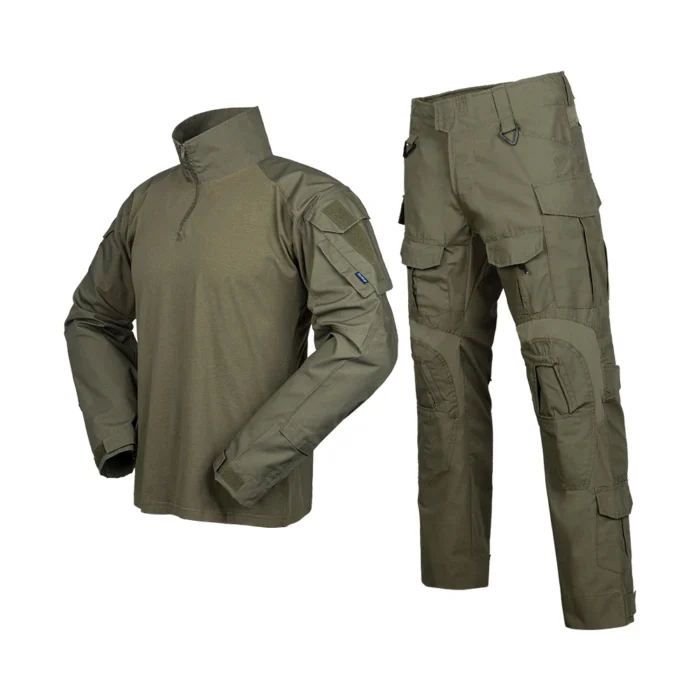 Army green tactical suit combining a ripstop combat shirt and multi-pocket cargo pants, designed for comfort and durability in tactical missions.