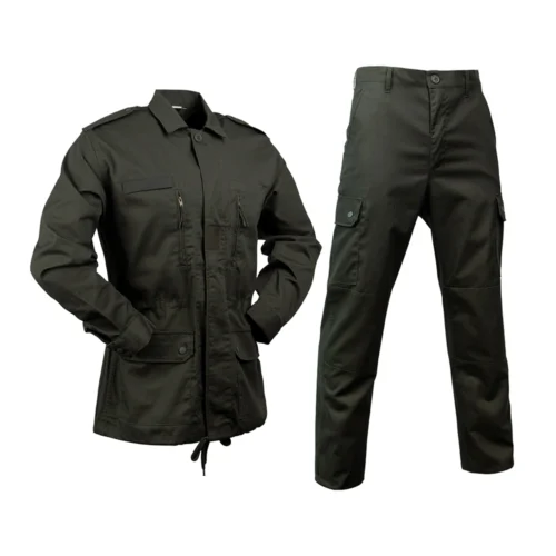 Tactical apparel set featuring dark green combat jacket and cargo pants, designed for military, outdoor, and tactical missions.