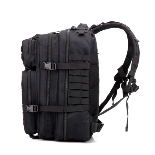 Side profile of tactical backpack featuring MOLLE webbing, heavy-duty zippers, and adjustable compression straps for field and patrol applications.