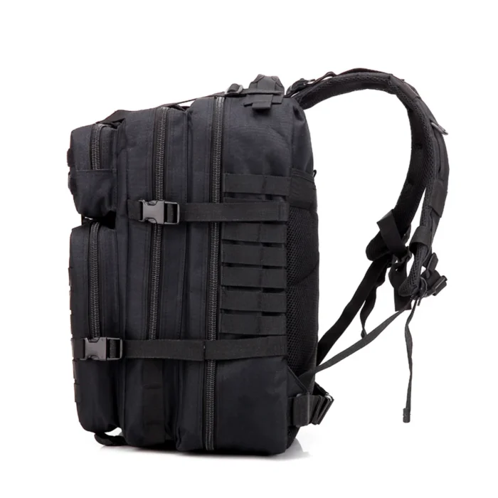 Side profile of tactical backpack featuring MOLLE webbing, heavy-duty zippers, and adjustable compression straps for field and patrol applications.