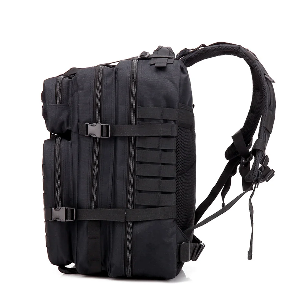 Side profile of tactical backpack featuring MOLLE webbing, heavy-duty zippers, and adjustable compression straps for field and patrol applications.