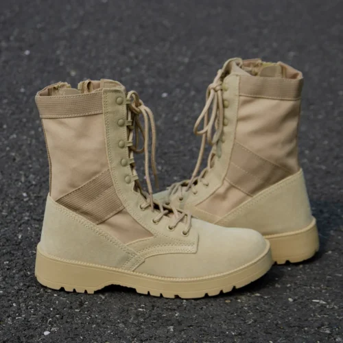 Side view of army combat boots featuring breathable nylon panels, sturdy construction, and double stitching for long-lasting wear.