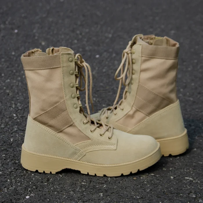 Side view of army combat boots featuring breathable nylon panels, sturdy construction, and double stitching for long-lasting wear.