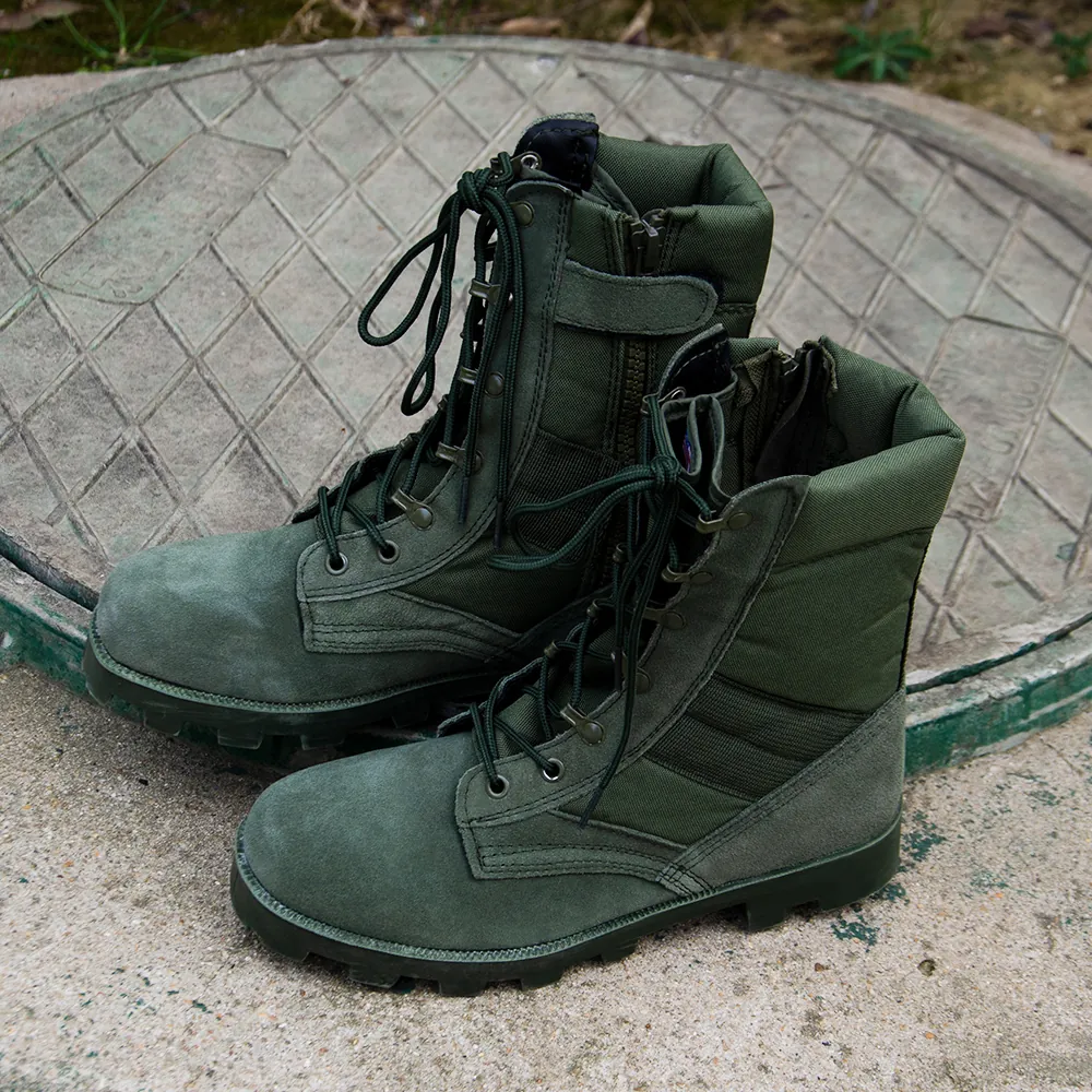 Side view of green military boots shoes with heavy-duty sole and breathable upper, ideal for soldiers and field operators.