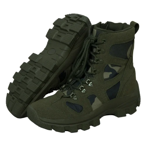 Side view of lace up combat boots featuring breathable mesh panels, suede overlays, and durable metal lace hooks.