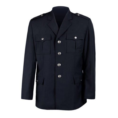 Front view of a navy security guard uniform jacket featuring metal buttons, shoulder epaulets, and dual chest pockets, suitable for OEM and bulk orders.