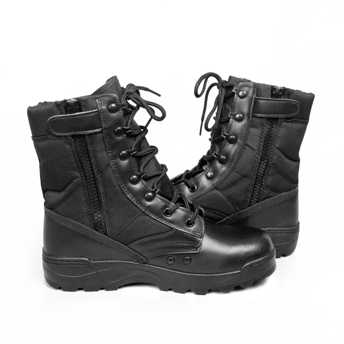 Side view of black leather combat boots with zipper closure and breathable nylon panels, designed for soldiers and security professionals.