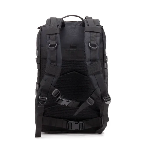 Back view of tactical backpack with breathable padded shoulder straps, sternum buckle, and ergonomic support design for long-duration missions.