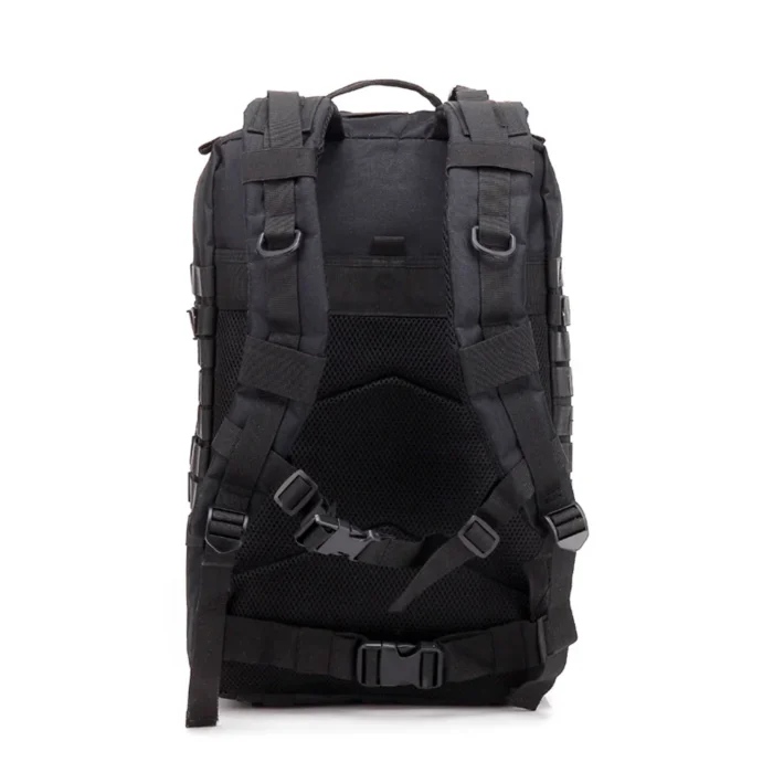 Back view of tactical backpack with breathable padded shoulder straps, sternum buckle, and ergonomic support design for long-duration missions.