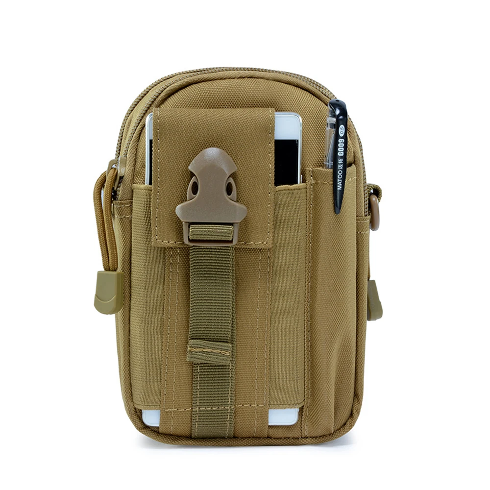 Front view of a tactical waist bag showing mobile phone storage, quick-access pockets, and durable nylon construction. Ideal for outdoor, military, and EDC use.
