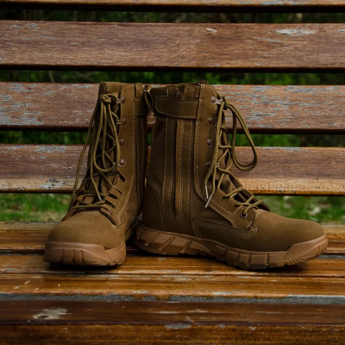 Tan military boots with lace-up design and side zipper, made of durable suede and nylon fabric for tactical and outdoor missions.