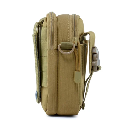 Side view of tactical waist bag with dual zipper compartments, reinforced stitching, and accessory loops, suitable for outdoor and EDC carrying.