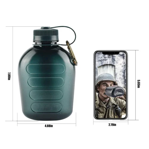 Durable 1000ml military water bottle with size comparison. Ideal for tactical, hiking, and field use.