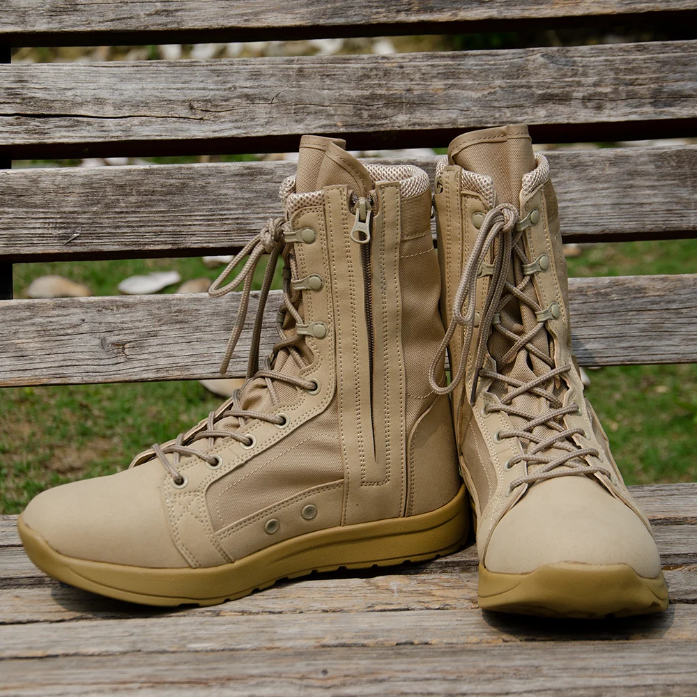 Lightweight military grade boots in khaki color with lace-up and side zipper design, ideal for tactical operations and field missions.