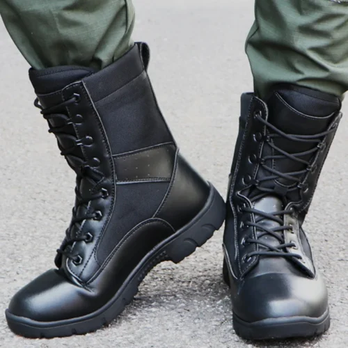 Black combat boots for men shown on foot, made of durable leather and nylon with lace-up design, ideal for tactical and military use.
