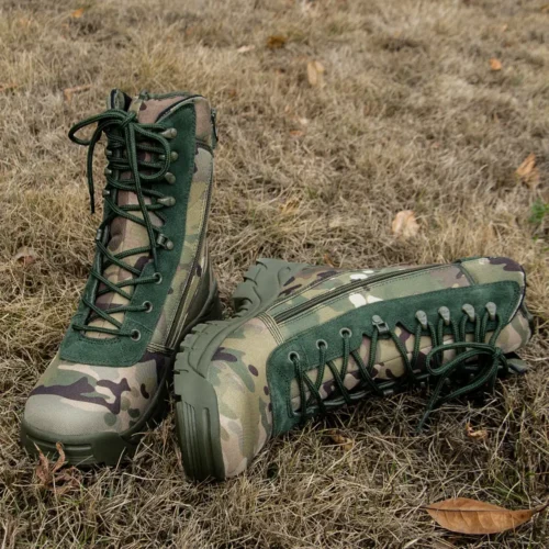 Side view of camouflage army military boots with durable stitching and high-traction sole, ideal for training and deployment use.