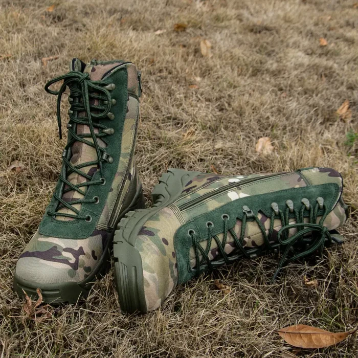 Side view of camouflage army military boots with durable stitching and high-traction sole, ideal for training and deployment use.