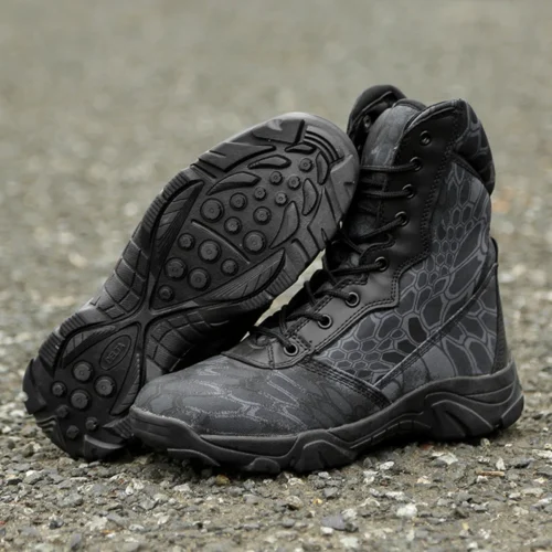 Black waterproof combat boots featuring reinforced toe cap, breathable lining, and slip-resistant outsole for tactical performance.