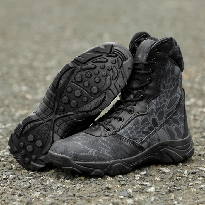 Black waterproof combat boots featuring reinforced toe cap, breathable lining, and slip-resistant outsole for tactical performance.