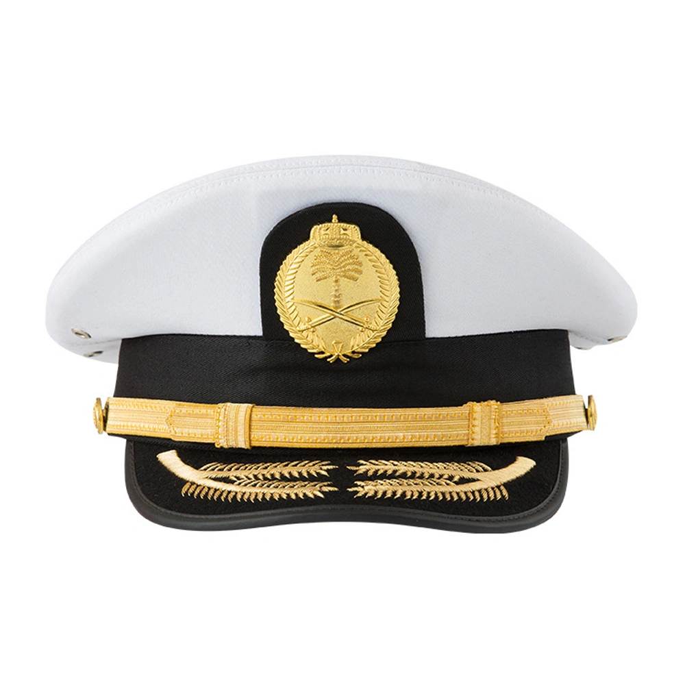 White military officer peaked cap with gold emblem, black band, and embroidered visor details used for naval and marine dress uniforms.