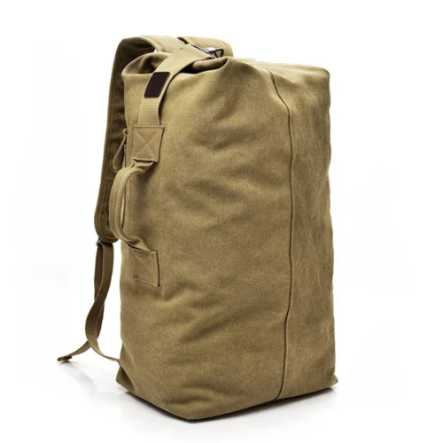 Durable khaki Canvas Duffel Bag designed for military, camping, and long-distance travel. Reinforced handles and rugged canvas for OEM/ODM orders.