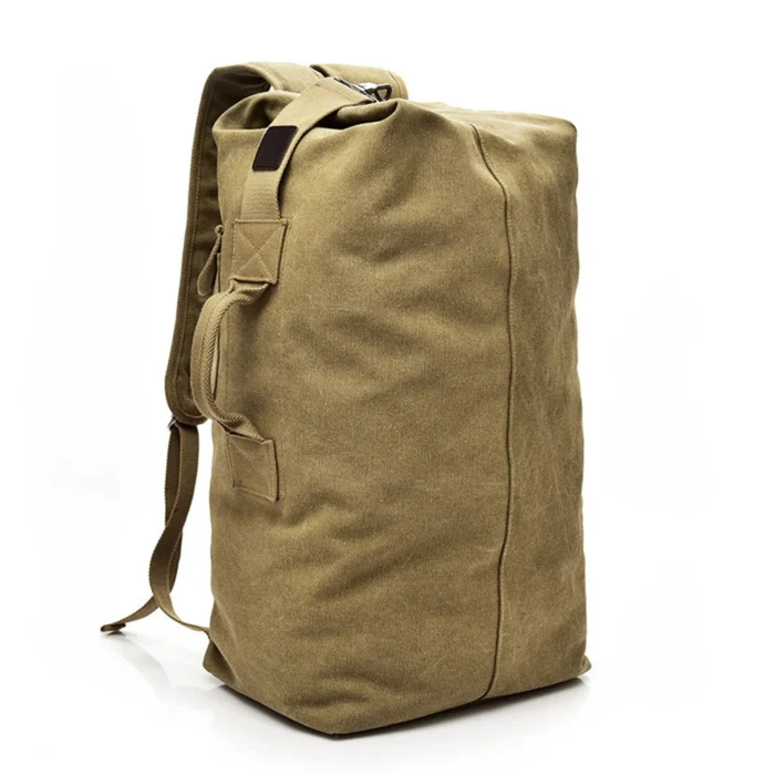 Durable khaki Canvas Duffel Bag designed for military, camping, and long-distance travel. Reinforced handles and rugged canvas for OEM/ODM orders.