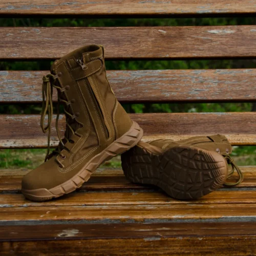 Side view of tan military boots showing anti-slip rubber outsole and reinforced stitching for military, training, or outdoor wear.