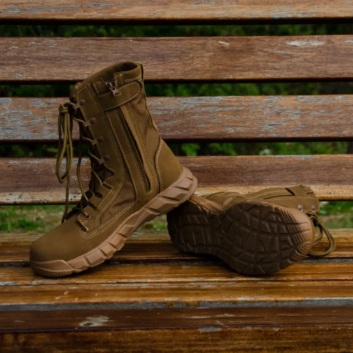 Side view of tan military boots showing anti-slip rubber outsole and reinforced stitching for military, training, or outdoor wear.