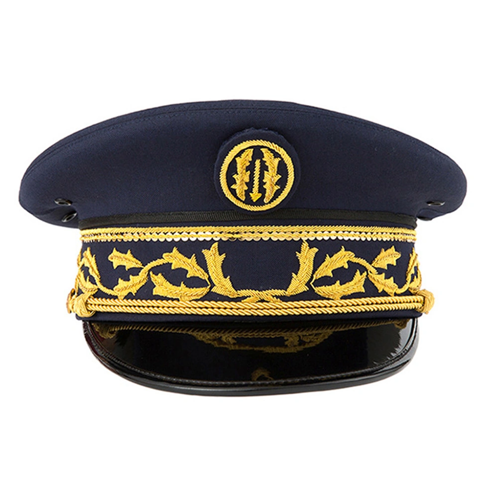 Navy blue military peaked cap featuring gold embroidered oak leaves, braided trim, and officer insignia for ceremonial dress uniforms.