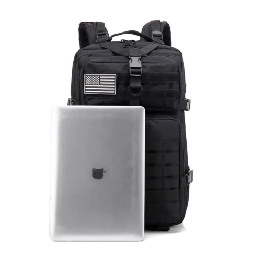 Black tactical backpack with large laptop compartment, MOLLE webbing, and reinforced straps for military, tactical, and outdoor use.