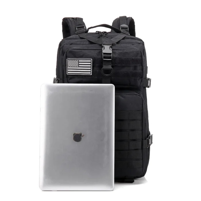 Black tactical backpack with large laptop compartment, MOLLE webbing, and reinforced straps for military, tactical, and outdoor use.